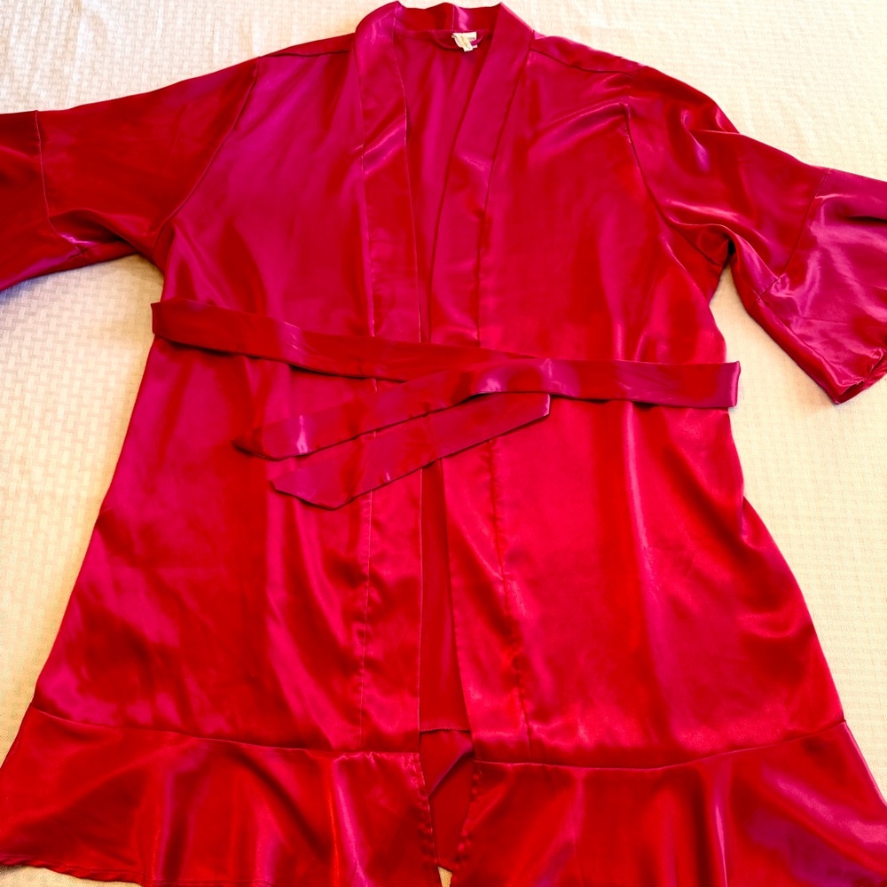 Live Well‎ Sleep Hot Pink Satin Kimono Robe Belted Ruffle Hem Plus 14/16W